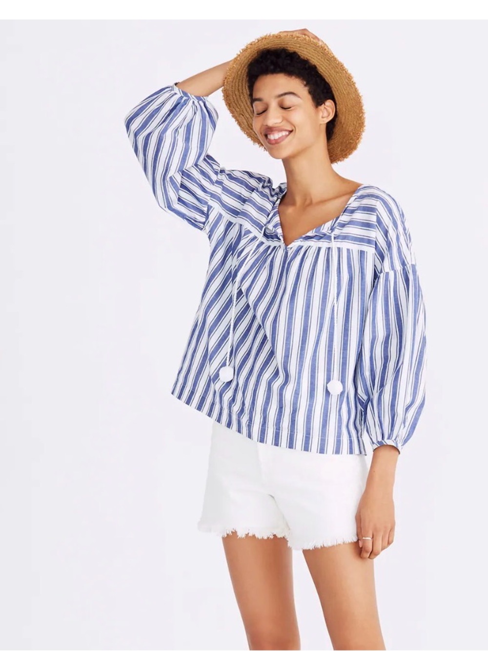 Madewell Navy & White Striped Boho Peasant Blouse Pom Tassel Tie Large